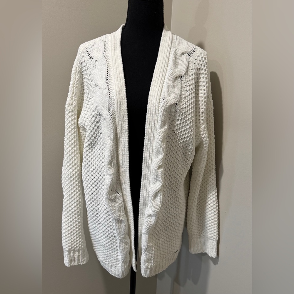Hollister Womens Chunky Knit Cardigan Sweater White Cable Knit Open Front M